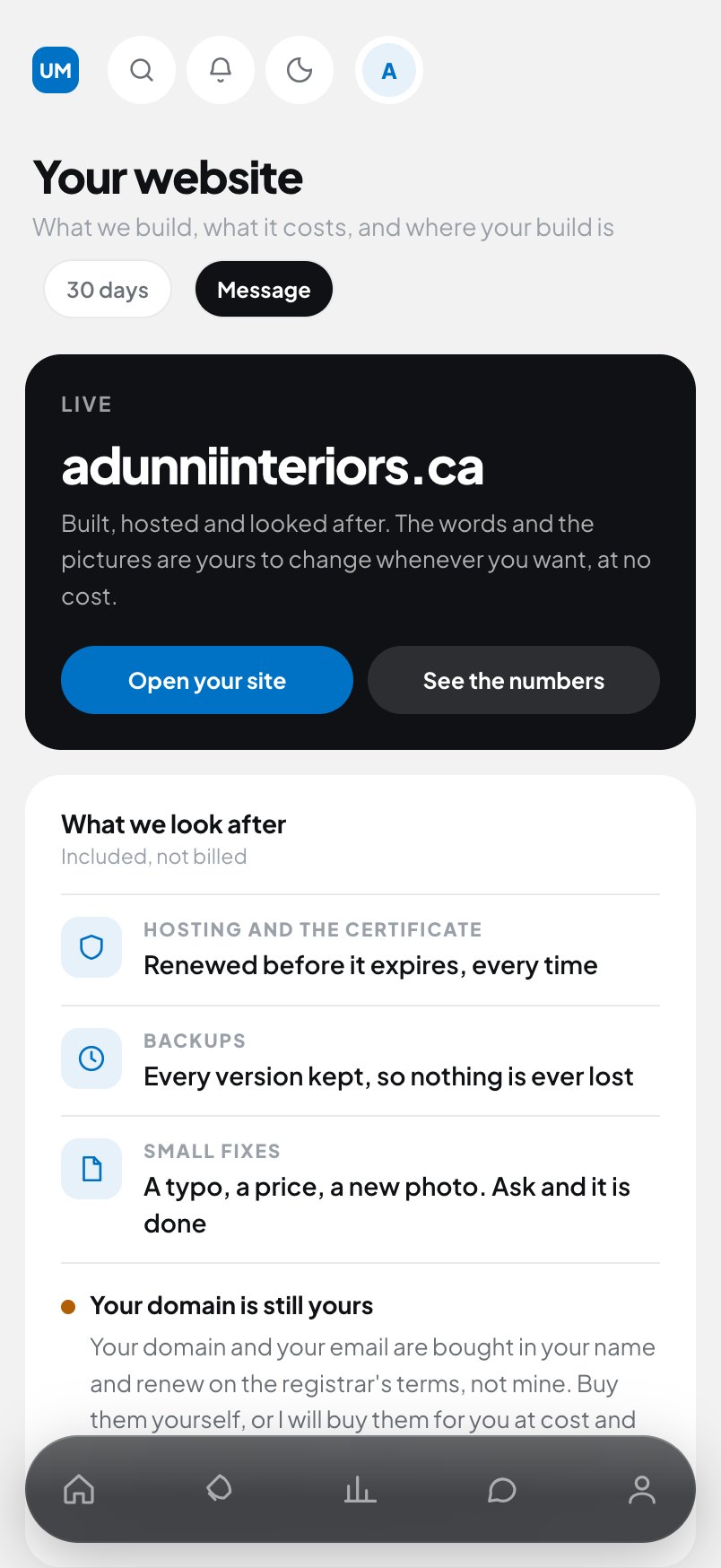 The client hub on a phone.