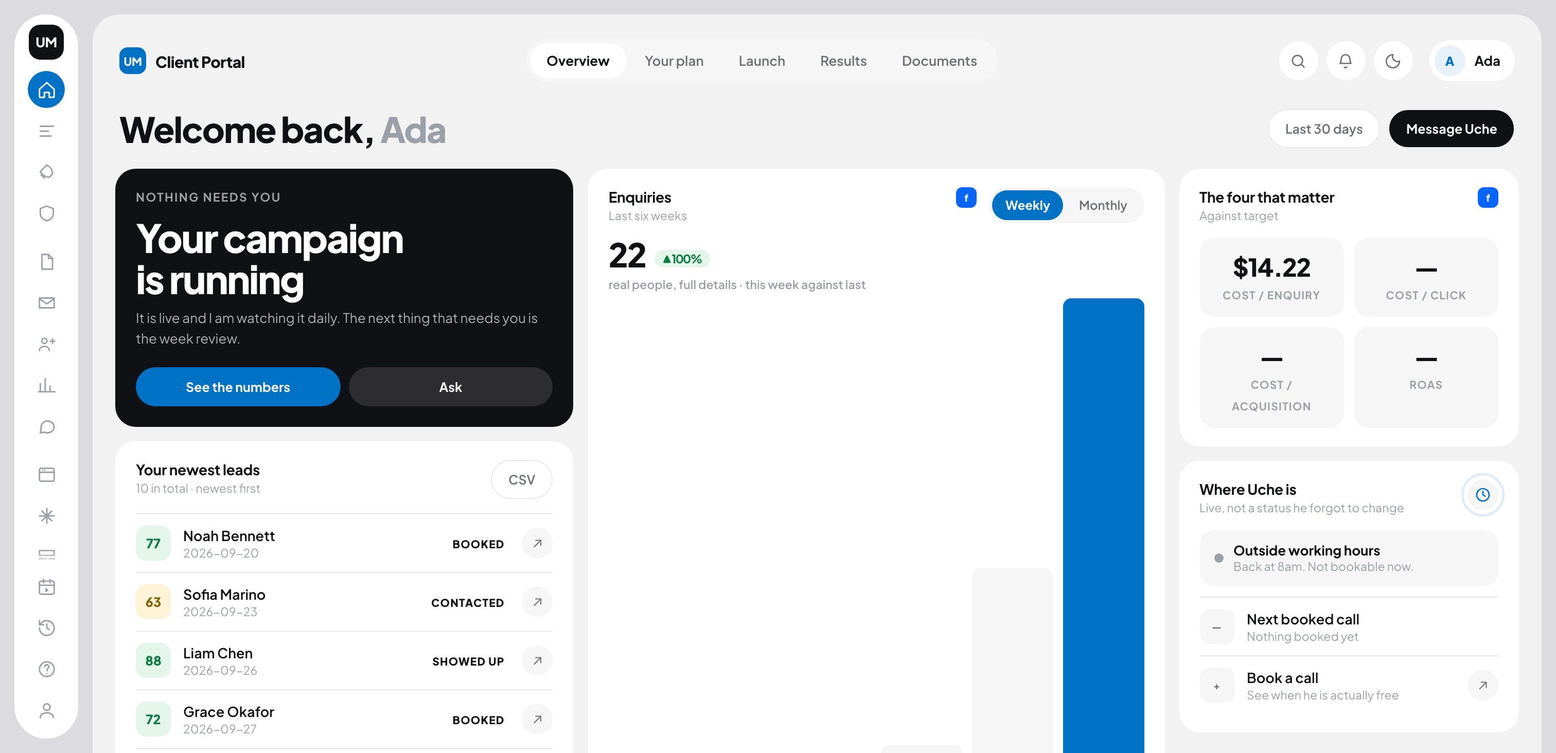 The client portal overview, showing whose move it is today.